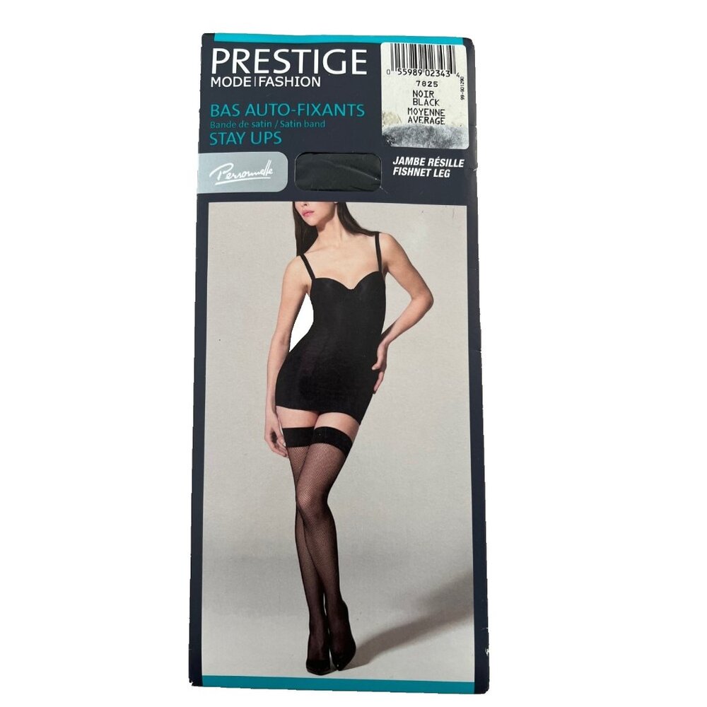 Prestige Stay Ups Hosiery Satin Band Fishnet Leg Black ( M )